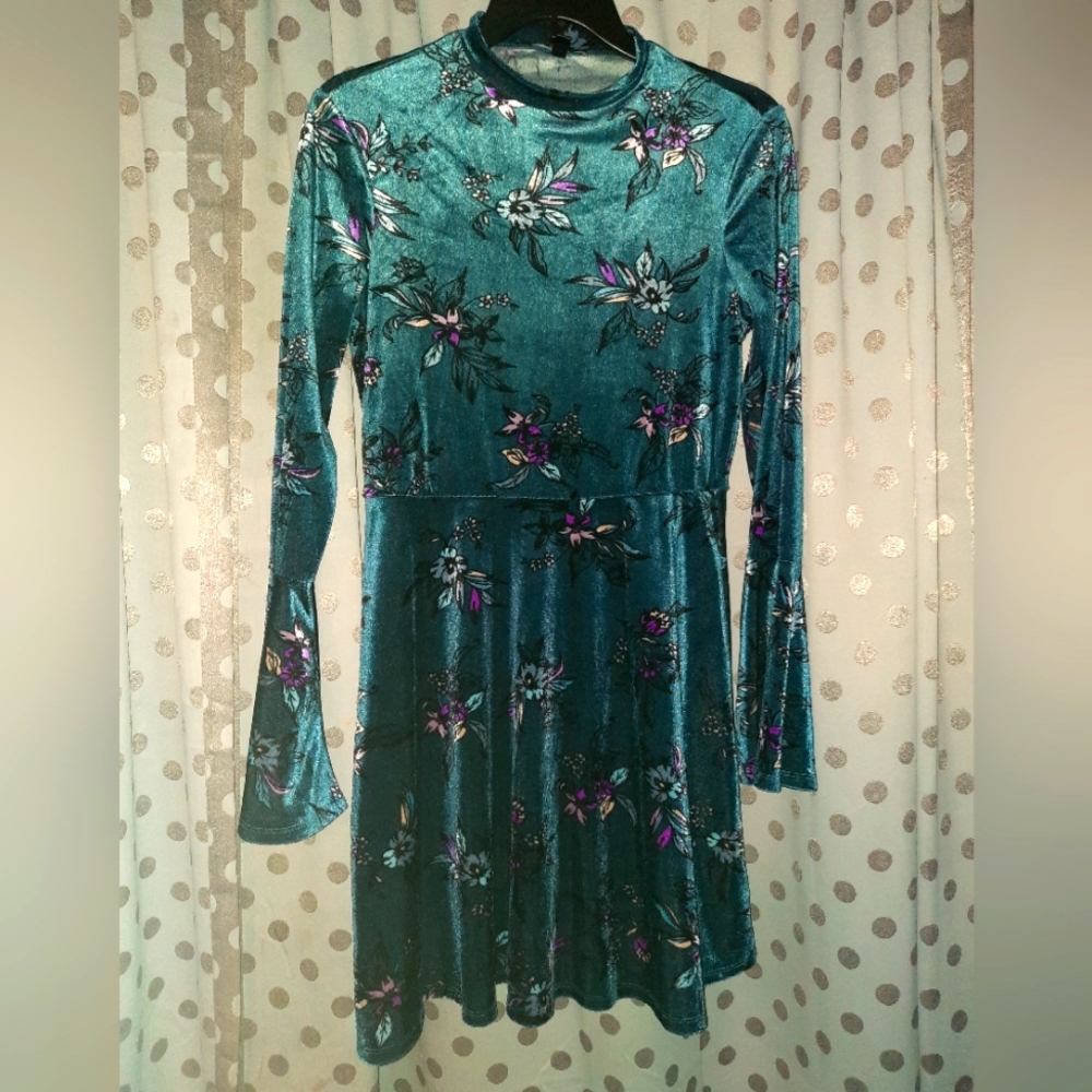 AS U WISH Velour Bell Sleeve Floral Mini Dress XS